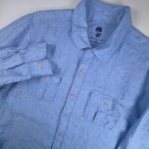 Ocean & Coast Button Down Men Large Blue 100% Linen Roll-Tab Long Sleeve Shirt